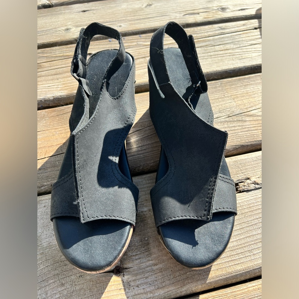 Black open toe, wedge, heeled sandals